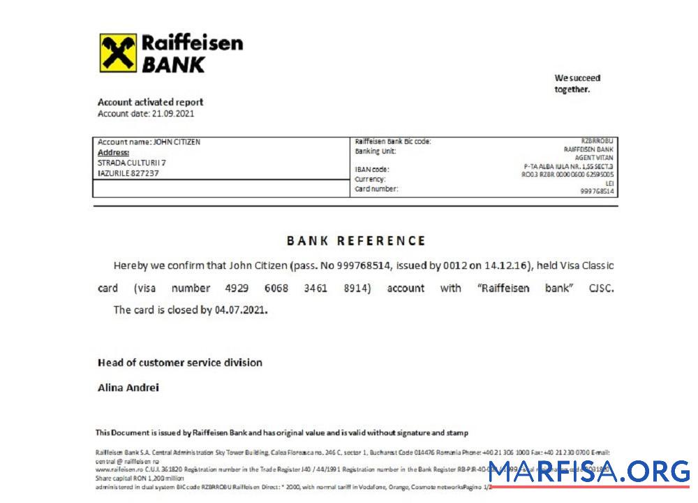 Blank Romania Raiffeisen closure reference example